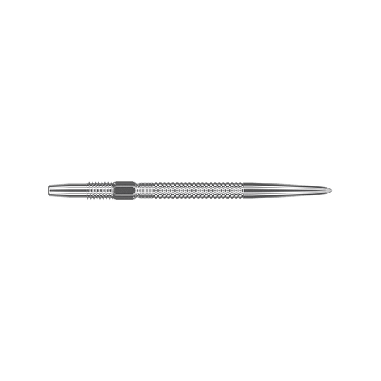 Target Swiss Point GRD Silver dart tips Das Bild zeigt die Target Swiss Point GRD Silver Dartspitzen. Die Dartspitze ist silberfarben und hat eine geriffelte, strukturierte Oberfläche.