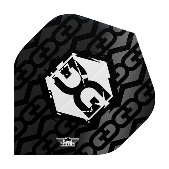 BU50921_Bulls_NL_Player_100_Martijn_Kleermaker_80_No2_Standard_Flights_1 Das Bild zeigt ein schwarzes Dartflight mit einem modernen, grafischen Design und dem Logo "Bulls" unten. In der Mitte befindet sich ein auffälliges, weißes Symbol mit stilisierten Buchstaben.