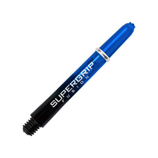 Das Bild zeigt einen blauen Harrows Supergrip Fusion Shaft für Darts. Der Schriftzug "SUPERGRIP FUSION" ist auf dem Schaft gut sichtbar.