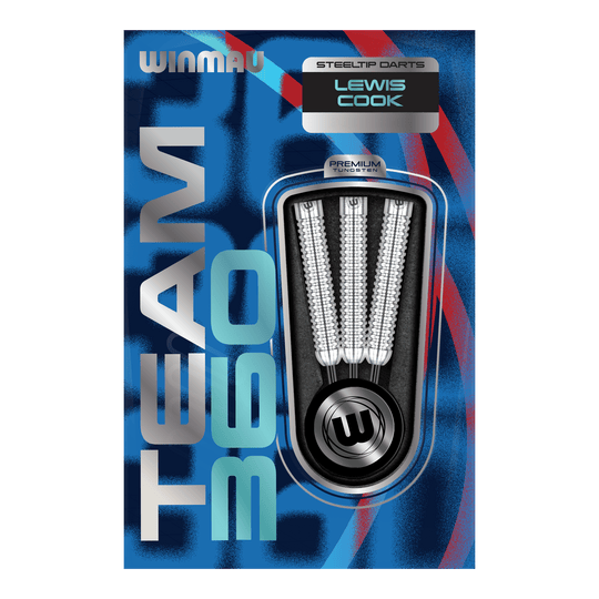 Das Bild zeigt Winmau Team 360 Lewis Cook Steeldarts mit einem Gewicht von 23g. Die Steeldarts sind detailliert von der Seite abgebildet.