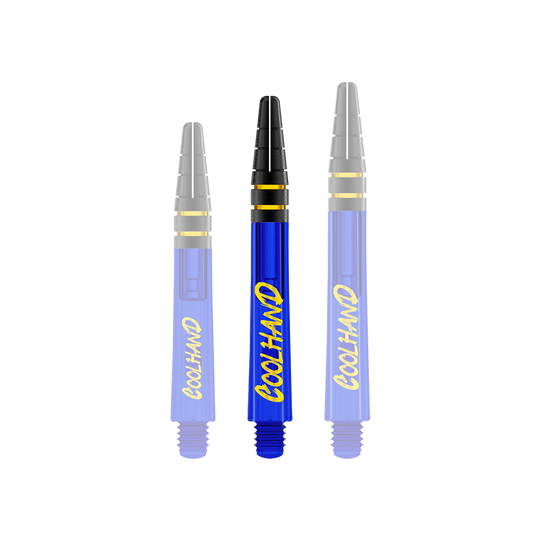 Red Dragon Nitrotech Luke Humphries Coolhand Shafts - Blue Auf dem Bild sind drei blaue Dart-Schäfte mit der gelben Aufschrift "COOLHAND" zu sehen. Die Schäfte haben schwarze und goldene Akzente am oberen Ende.