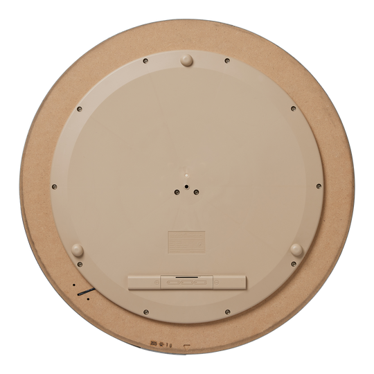 Dies ist die Rückseite des Unicorn Eclipse Smartboard Steeldartboards. Sie zeigt eine kreisförmige, beige Kunststoffabdeckung mit mehreren Schrauben und einem Batteriefach.