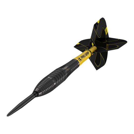 Target Bolide Void 05 Swiss Point steel darts Das Bild zeigt einen Target Bolide Void 05 Swiss Point Steeldart. Der Dart ist schwarz mit gelben Akzenten und hat einen gerillten Griff sowie gelbe "Pro Grip"-Schriftzüge.
