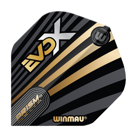 Winmau Prism Delta MvG Evo-X No2 Standard Flights Das Bild zeigt ein Winmau Prism Delta MvG Evo-X No2 Standard Flight. Das Flight ist schwarz mit goldenen und grauen Streifen sowie dem Schriftzug "EVO-X" und "WINMAU".