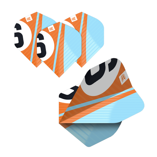 Das Bild zeigt die "Target Pro Ultra Chicane Multipack No2 Standard Flights" in einem Set mit 5 Stück. Die Flights sind in Orange, Blau und Schwarz gestaltet und tragen eine große "6" als Designelement.
