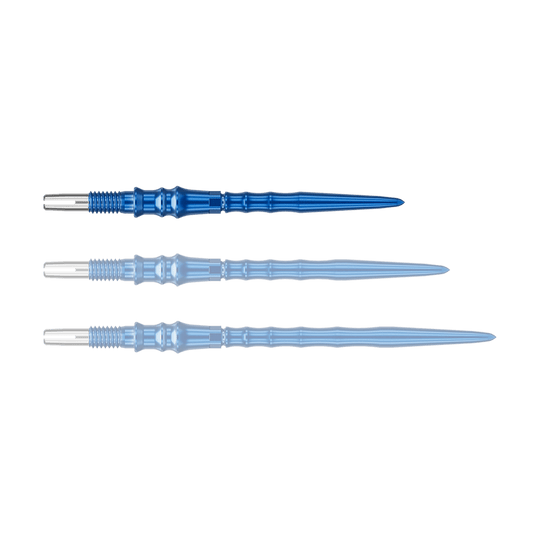 Target Japan Premium Swiss Point Dart Tips - Blue Das Bild zeigt ein einzelnes, blaues Dartspitze. Die Spitze ist 30 mm lang.