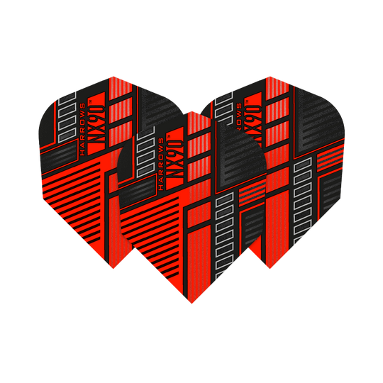 Das Bild zeigt drei Harrows Prime NX90 Red Flights für Dartpfeile. Die Flights sind rot, schwarz und grau gestaltet und haben ein modernes, grafisches Muster.