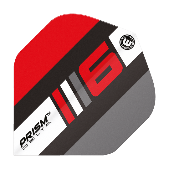 Das Bild zeigt ein Dartflight des Modells "Winmau Prism Delta Blade 6 B Standard". Das Design ist in Rot, Schwarz, Grau und Weiß gehalten und zeigt die Zahl 6 sowie den Produktnamen.