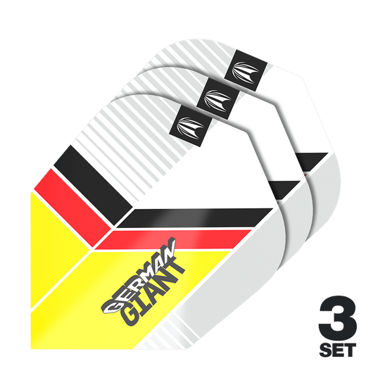 Target Pro Ultra Gabriel Clemens No6 Flights - 3 sets Auf dem Bild sind drei Sätze Dart-Flights mit dem Design "German Giant" in den Farben Gelb, Rot, Schwarz und Weiß zu sehen. Unten rechts steht "3 Set", was auf drei enthaltene Sets hinweist.