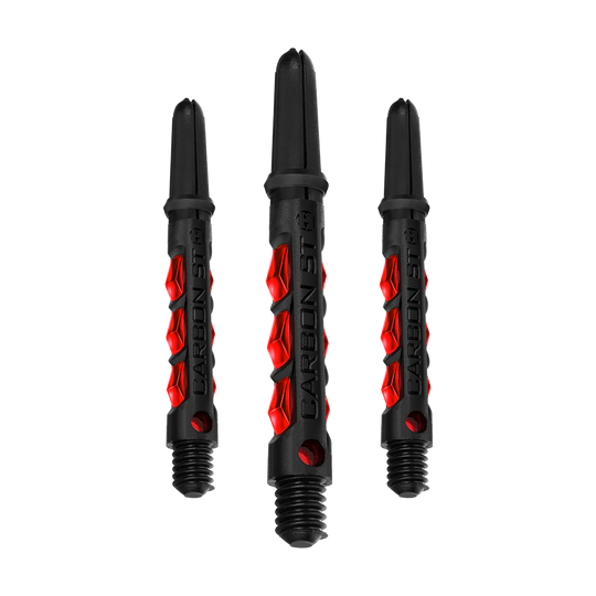 HR432_Harrows_Carbon_ST_Shafts_Rot_40mm_1 Das Bild zeigt drei schwarze Carbon ST Shafts mit roten Akzenten der Marke Harrows. Die Shafts sind für Darts gedacht und haben ein modernes, auffälliges Design.