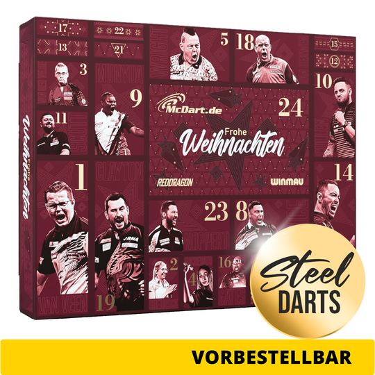 McDart Premium Advent Calendar 2026 for steel dart players Das Bild zeigt den McDart Premium Adventskalender 2026 für Steeldart-Spieler. Ein tolles Geschenk für alle Dart-Begeisterten.