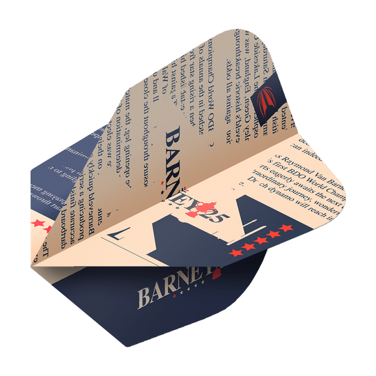 Target ProUltra Raymond Van Barneveld Barney25 No6 Flights Das Bild zeigt einen Target ProUltra Raymond Van Barneveld Barney25 No6 Dartflight. Das Design ist in Blau und Beige gehalten und enthält Text sowie Sterne und den Namen "Barney25".