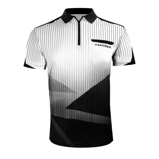Harrows Shard Dartshirt - Weiß Das Bild zeigt das Harrows Shard Dartshirt in Weiß mit feinen schwarzen Streifen und modernen geometrischen Mustern. Auf der Brust befindet sich eine Tasche mit dem Schriftzug "Harrows".