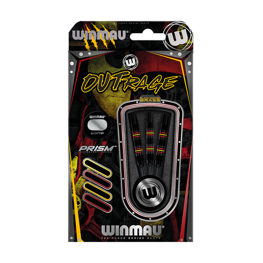 Die Abbildung zeigt die Winmau Outrage V2 Black Coated Brass Softdarts mit einem Gewicht von 18g in ihrer Verpackung. Die Darts sind schwarz mit farbigen Ringen und werden in einer auffälligen, modernen Verpackung präsentiert.