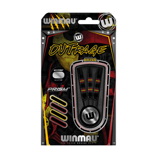 2236_Winmau_Outrage_V2_Black_Coated_Softdarts_3 Die Abbildung zeigt die Winmau Outrage V2 Black Coated Brass Softdarts mit einem Gewicht von 18g in ihrer Verpackung. Die Darts sind schwarz mit farbigen Ringen und werden in einer auffälligen, modernen Verpackung präsentiert.