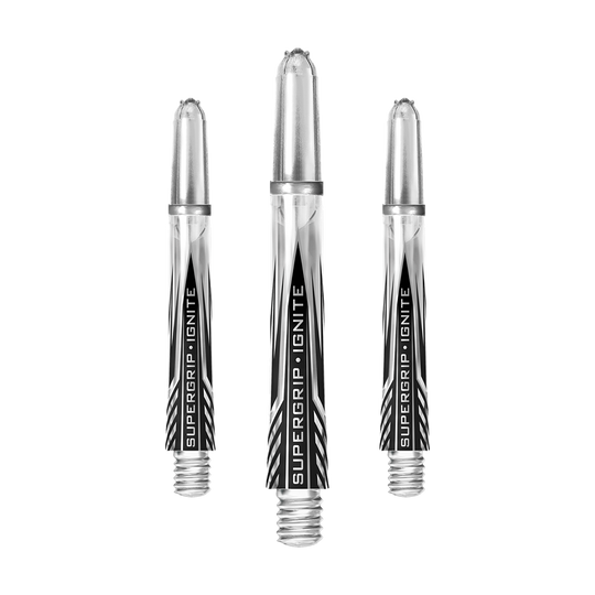 Das Bild zeigt drei klare Harrows Supergrip Ignite Shafts für Dartpfeile. Die Shafts sind durchsichtig mit schwarzem und silbernem Aufdruck.