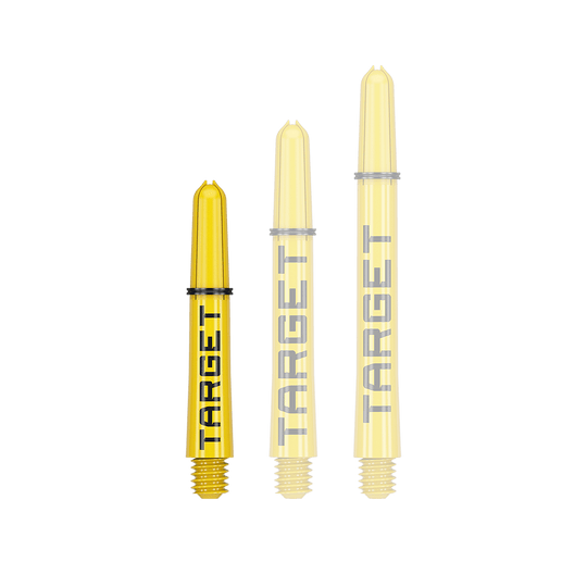 Target Pro Grip TAG Shafts - 3 Sets - Yellow Das Bild zeigt drei gelbe Dartschäfte in unterschiedlicher Länge. Auf jedem Schaft steht das Wort "TARGET" in schwarzer Schrift.