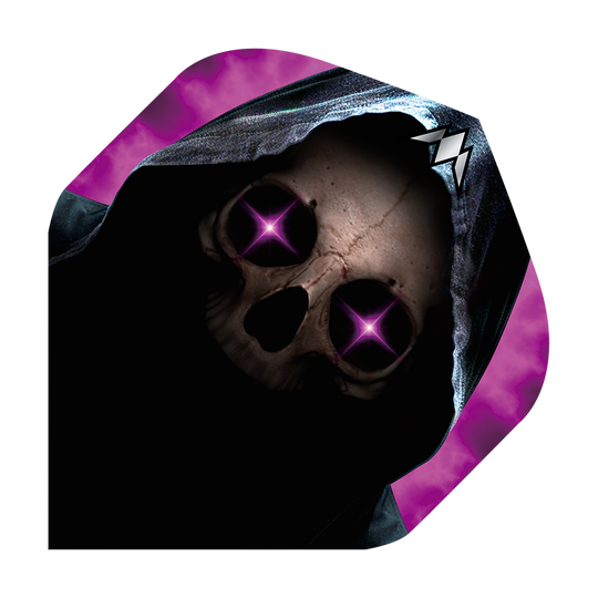 Das Bild zeigt ein Dartflight mit einem Totenkopf in einer dunklen Kapuze. Die Augen des Schädels leuchten in einem auffälligen Lila mit Sternenform.