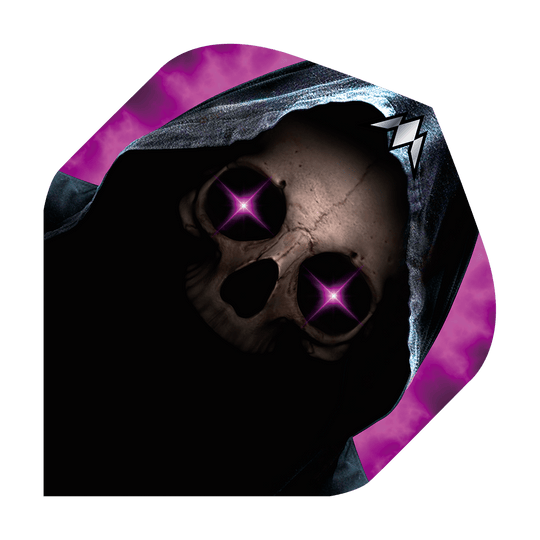 Mission Solo Phantom No2 Standard Flights Das Bild zeigt ein Dartflight mit einem Totenkopf in einer dunklen Kapuze. Die Augen des Schädels leuchten in einem auffälligen Lila mit Sternenform.