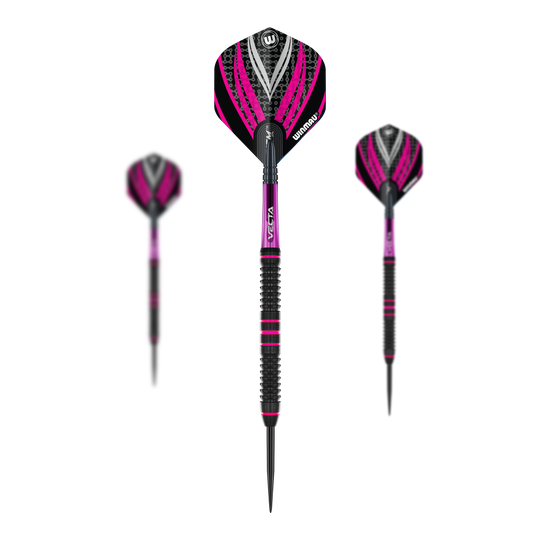 Gezeigt wird ein Set der Winmau Team 360 Rebecca Allen Steeldarts - 24g. Dieses Set eignet sich ideal für Sammler und leidenschaftliche Dartspieler.