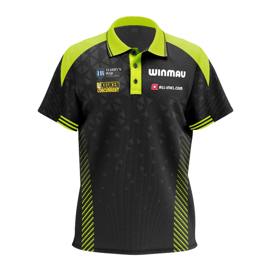 Das Bild zeigt das Winmau Michael Van Gerwen Stage Poloshirt. Das Shirt ist im Stil des bekannten Dartspielers gehalten.