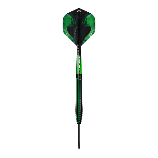 Mission Venom steel darts Ein einzelner Mission Venom Steeldart wird präsentiert. Die Konturen und das Design sind gut erkennbar.