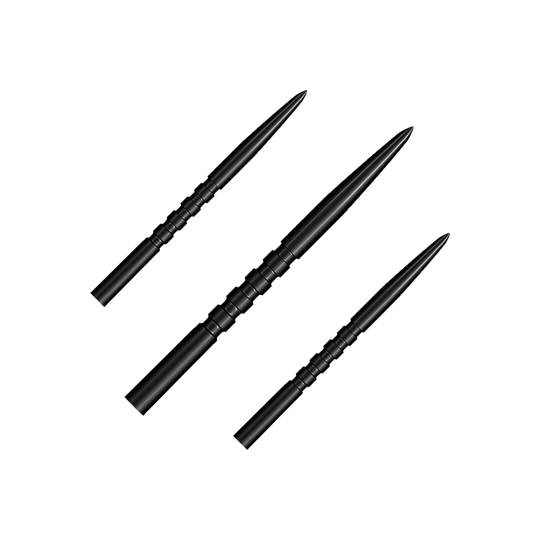 Das Foto zeigt ein Set schwarzer Steeldartspitzen. Es handelt sich um das Modell Grip Point mit 35 mm Länge.
