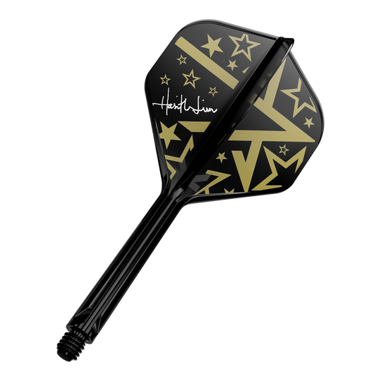 Dies ist ein schwarzer Dartschaft mit einem Flight in Schwarz und Gold. Das Flight-Design zeigt goldene Sterne und geometrische Muster sowie eine weiße Unterschrift.