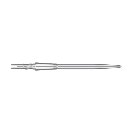 Target Swiss Storm Point dart tips - silver Das Bild zeigt eine silberne Dartspitze in schlanker, länglicher Form. Die Spitze hat eine glatte Oberfläche mit einigen geriffelten Bereichen am hinteren Ende.