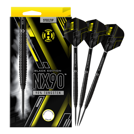 Abgebildet sind die Harrows NX90 Black Edition Tapered Quick Point Steeldarts. Die schwarzen Steeldarts haben eine schlanke, konische Form.