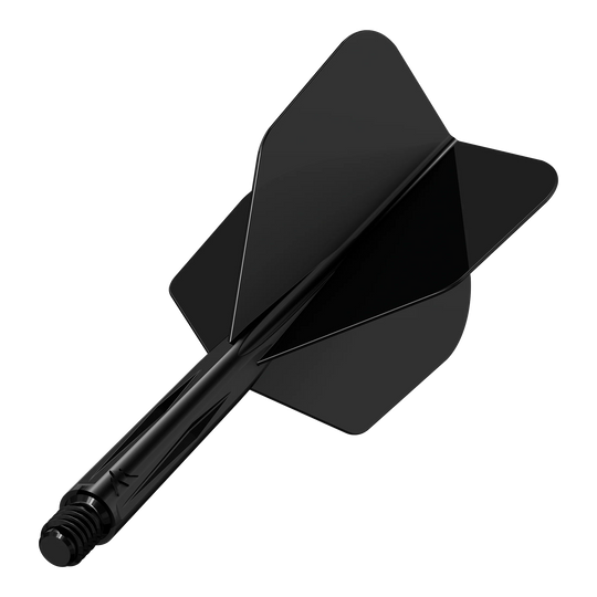 Das Bild zeigt das Produkt "Mission Force 90 No6 Flight-Shaft-System - Schwarz". Es handelt sich um ein schwarzes Dart-Flight- und Schaftsystem in moderner Ausführung.