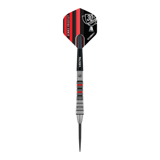Winmau Dennis Priestley Diamond 3-Zero steel darts Das Bild zeigt einen Winmau Dennis Priestley Diamond 3-Zero Steeldart. Der Dartpfeil hat schwarze, silberne und rote Details sowie eine 30th Anniversary-Beschriftung auf dem Flight.