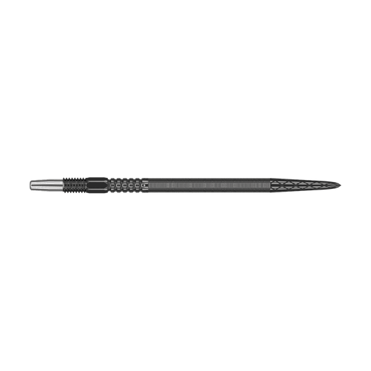 Target Swiss Point DX dart tips - Black Das Bild zeigt eine schwarze Dartspitze mit strukturierter Oberfläche. Sie ist lang und schmal mit einem metallischen Ansatz am Ende.