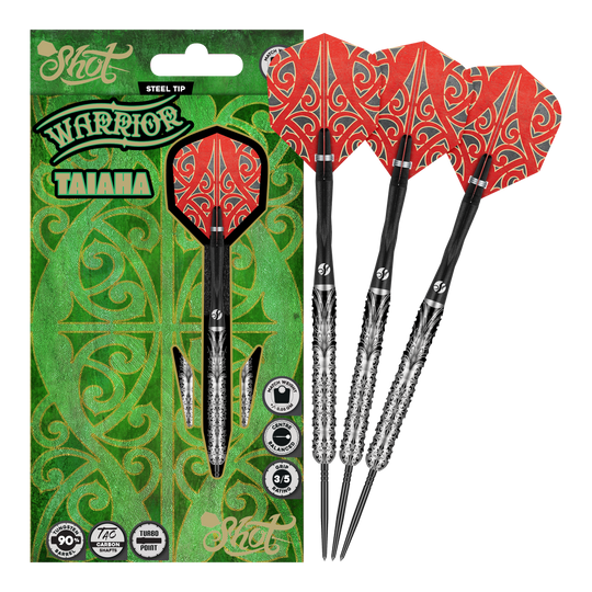 Shot Warrior Taiaha Turbo Point Steeldarts Mehrere Dartpfeile liegen nebeneinander. Die Dartpfeile sind dunkel und werden seitlich gezeigt.