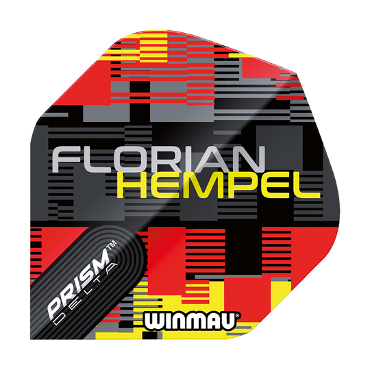6915-259_Winmau_Prism_Delta_Florian_Hempel_Metallic_Standard_Flights_1 Das Bild zeigt ein Winmau Prism Delta Florian Hempel Metallic Standard Flight. Das Design ist in Schwarz, Rot und Gelb mit dem Namen "Florian Hempel" und dem Winmau-Logo gestaltet.