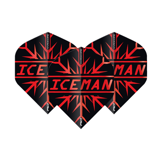 TF6872_Red_Dragon_Hardcore_Gerwyn_Price_Red_Premium_Standard_Flights_1sJxbXKHalcv1a Das Bild zeigt drei Dart-Flights in Schwarz mit roten Mustern und der Aufschrift „ICEMAN“. Oben steht „Hardcore“ und unten rechts ist das "RD"-Logo zu sehen.