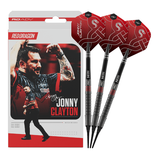 Das Foto zeigt die Red Dragon Jonny Clayton RD-ADV Softdarts - 18g. Die volle Länge des Darts ist abgebildet.