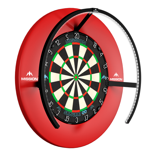Mission Torus 270 LED Dartboard Lighting - Black Zu sehen ist die Mission Torus 270 LED Dartboard Beleuchtung in Schwarz. Diese Beleuchtung verbessert die Sichtbarkeit beim Dartspielen.