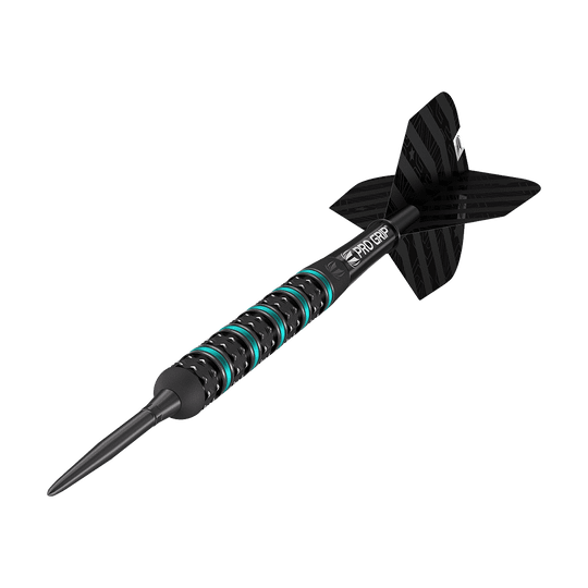 190209_Target_Rob_Cross_Black_Edition_2023_Swiss_Point_Steeldarts_4 Das Bild zeigt einen Target Rob Cross Black Edition Swiss Point Steeldart. Der Dart ist schwarz mit blauen Akzenten und hat eine strukturierte Griffzone für besseren Halt.