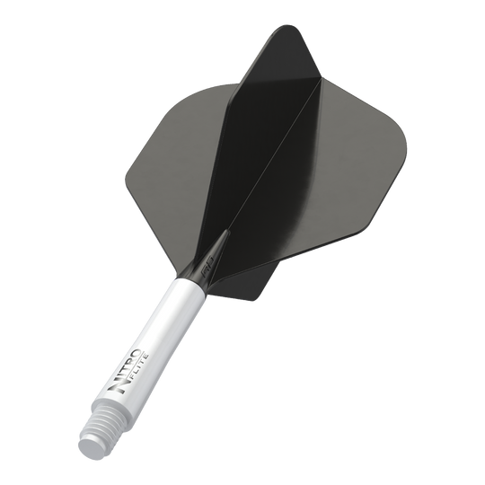 Red Dragon Nitroflite - White Shaft Black No2 Flights Dies ist ein Bild einer Dart-Flugfeder mit schwarzem Flight und weißem Schaft. Auf dem Schaft steht der Text "NITRO FLITE".