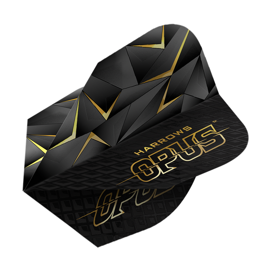 Harrow's Opus Version 3 Flights Das Bild zeigt die Harrows Opus Version 3 Flights. Sie sind schwarz mit einem goldenen geometrischen Muster und goldener Schrift gestaltet.