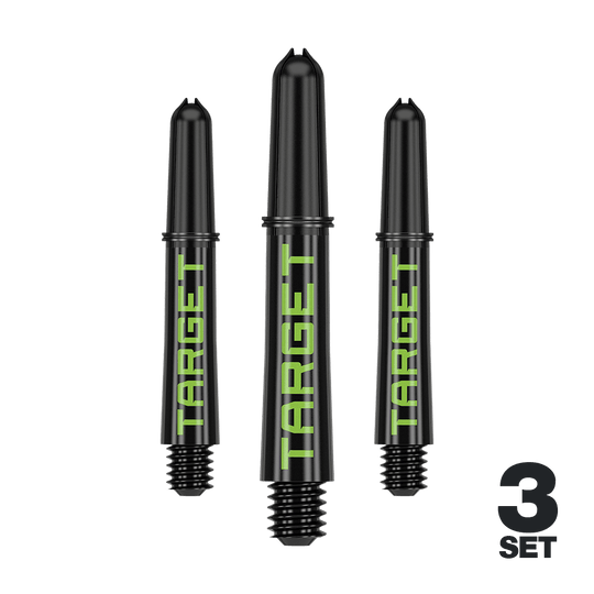 Target Pro Grip TAG Shafts - 3 Sets - Black Green Drei Dart-Schäfte in schwarzer Optik mit farbigem Akzent sind dargestellt. Die glatte Oberfläche ist deutlich erkennbar.