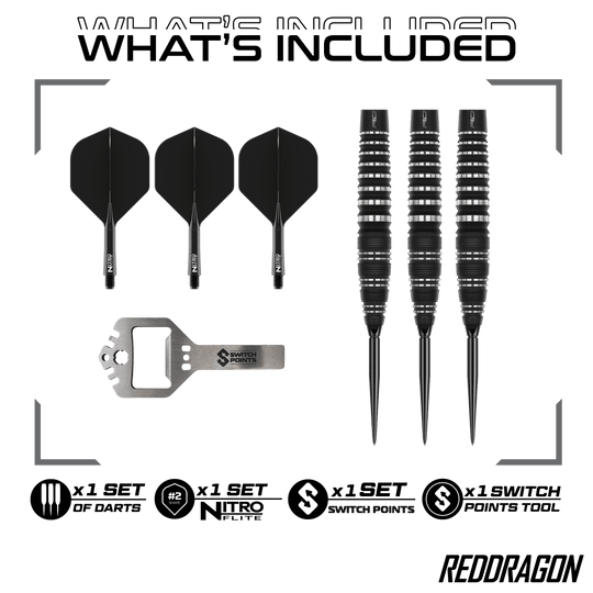 Das Bild zeigt die Red Dragon Sable Bomb Switch Point Steeldarts. Die Darts haben ein markantes Design und sind speziell für das Steeldartspiel entwickelt.