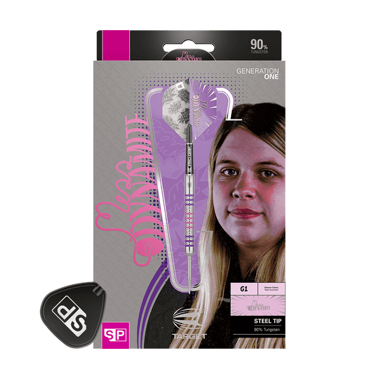 Die Abbildung zeigt die Target Eleanor Cairns GEN1 Swiss Point Steeldarts mit 24g Gewicht. Die Verpackung ist überwiegend lila und zeigt neben dem Dartpfeil ein Porträt einer Frau.