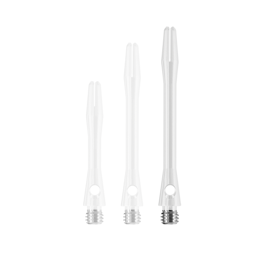 HR374_Harrows_Keramic_Shafts_Weiss_47mm_1 Das Bild zeigt drei weiße Harrows Keramic Shafts in verschiedenen Längen. Sie sind aus durchsichtigem Material gefertigt und haben ein Gewinde aus Metall am unteren Ende.