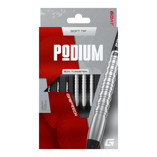 Das Foto zeigt die GOAT Podium Silver Softdarts mit 18g Gewicht. Diese silbernen Softdarts eignen sich ideal für Dartspieler.