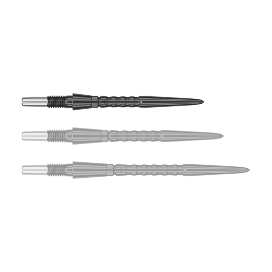 Target Swiss Point Storm Surge Steel Dart Tips - Black Auf dem Bild sind drei schwarze Steeldartspitzen in unterschiedlichen Ansichten zu sehen. Sie sind lang, schlank und haben ein geriffeltes Muster zur besseren Griffigkeit.