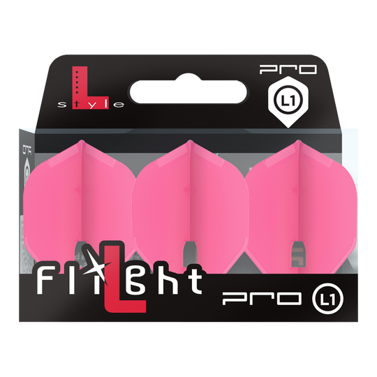 Auf dem Bild ist eine Packung mit drei pinken Dart-Flights der Marke L-Style zu sehen. Die Verpackung zeigt den Schriftzug "Flight Pro L1" auf der Vorderseite.