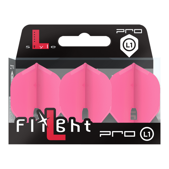 L-Style Champagne L1PRO Flights Auf dem Bild ist eine Packung mit drei pinken Dart-Flights der Marke L-Style zu sehen. Die Verpackung zeigt den Schriftzug "Flight Pro L1" auf der Vorderseite.
