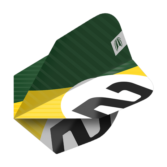 Das Bild zeigt ein Dartflight mit einem grünen, gelben und weißen Design sowie der Nummer 6. Es handelt sich um das Produkt "Target Pro Ultra Chicane Green No6 Flights - 3 Sets".